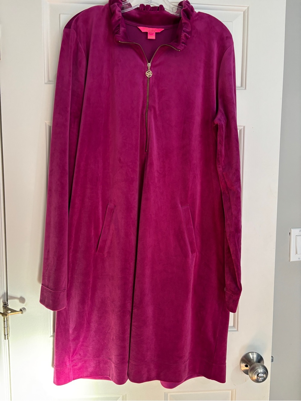 Lilly Pulitzer Magenta Velour Ruffle Neck Quarter Zip Dress Pockets - XXL
